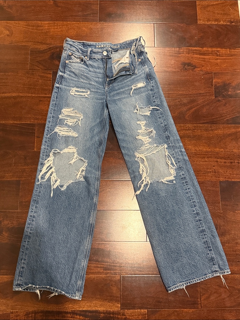 American Eagle Outfitters Distressed Wide-Leg Jeans - Blue